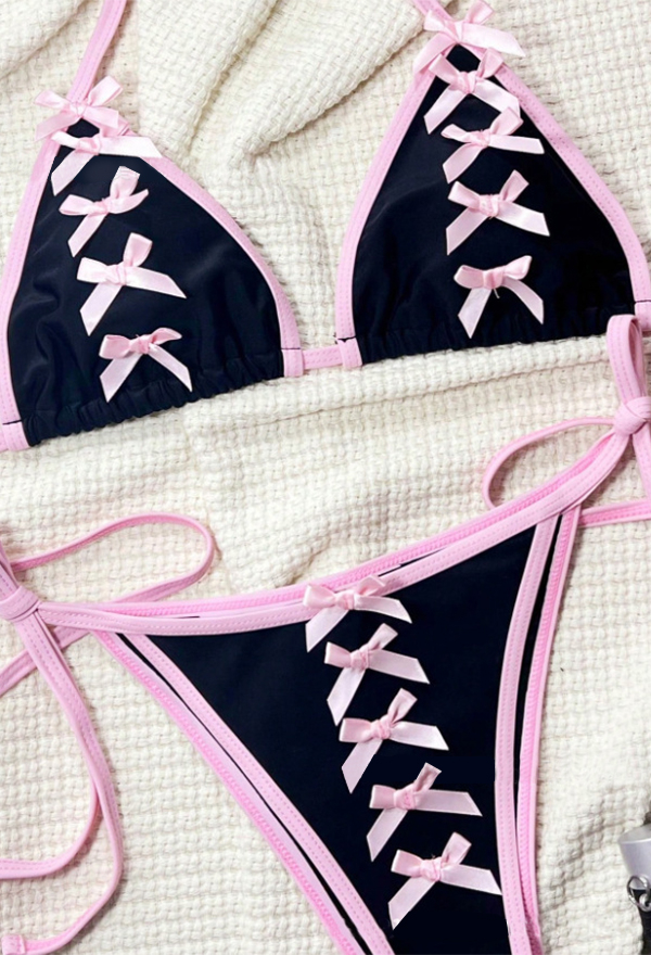 Gothic Black and Pink Bow Bikini Set Lace-Up Two-Piece Swimsuit